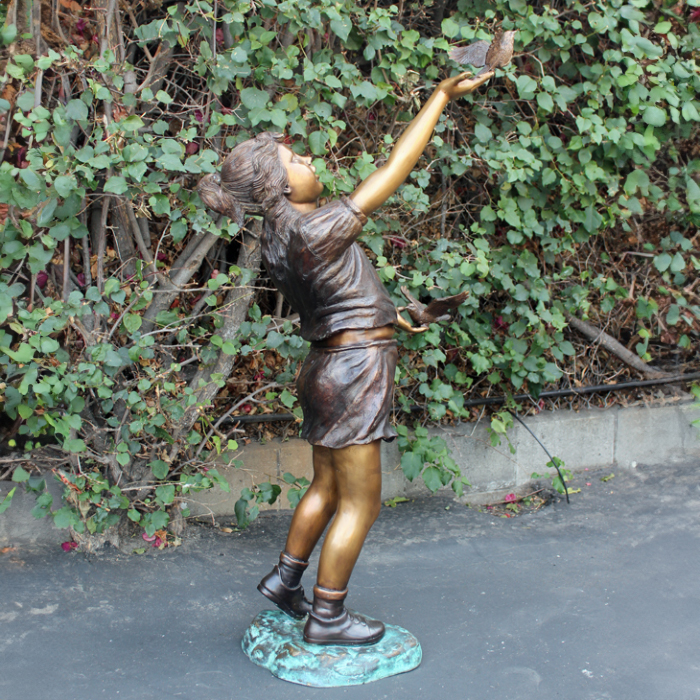 Outdoor Girl Holding Birds Statue Display