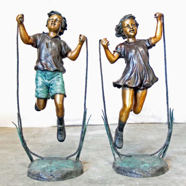 Paired Bronze Jumping Rope Statue Display