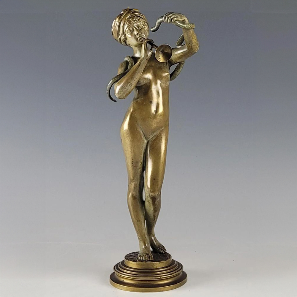 Snake Charmer Statue bronze woman with horn