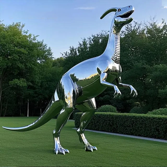 Stainless steel Parasaurolophus Dinosaur Statue outdoors