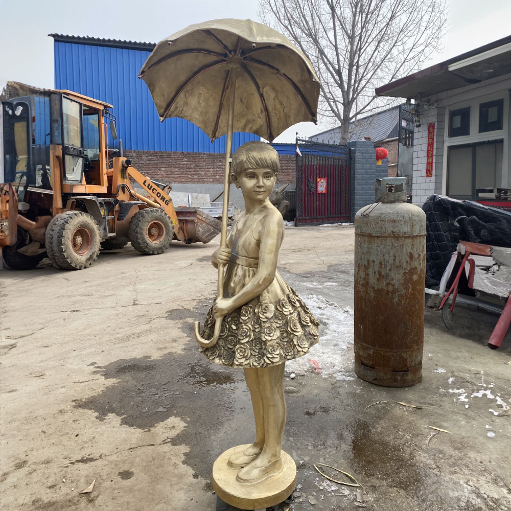 bronze Girl with Umbrella Sculpture floral skirt