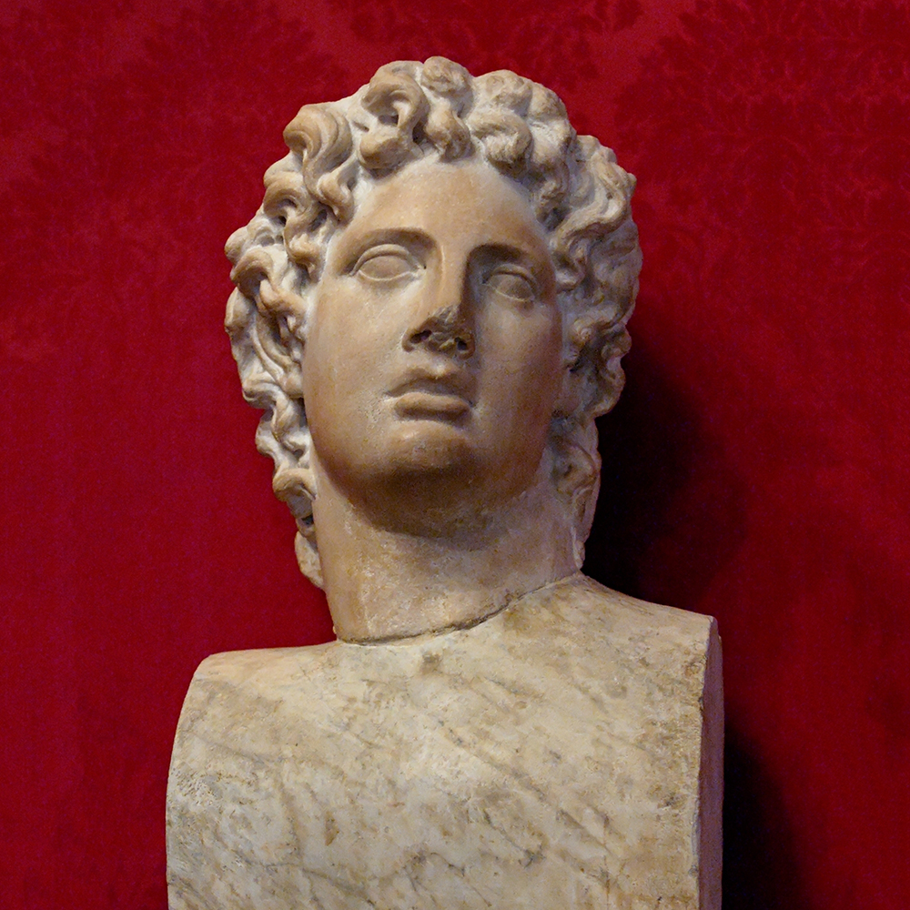 1 Ancient marble portrait bust against red backdrop