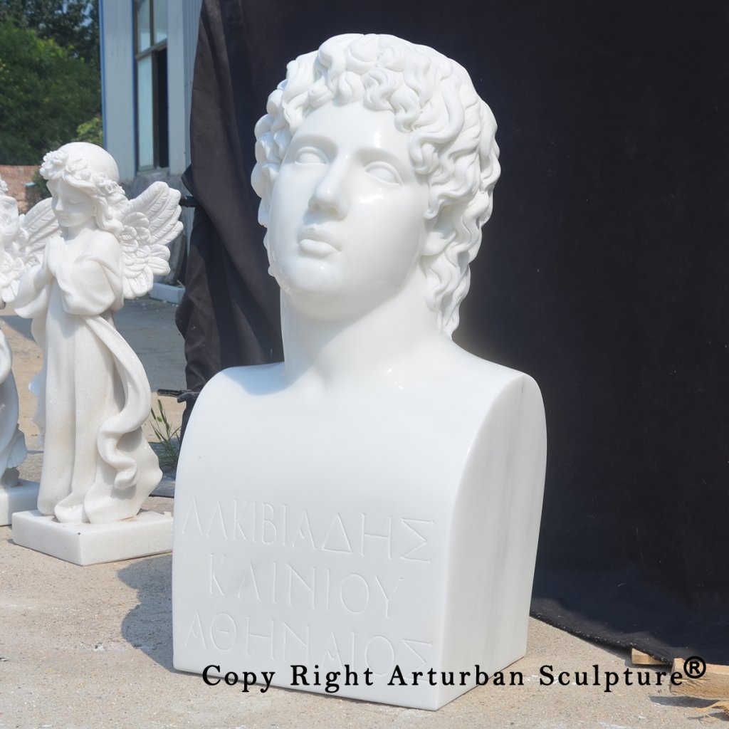 3 Greek marble bust displayed outside sculpture workshop