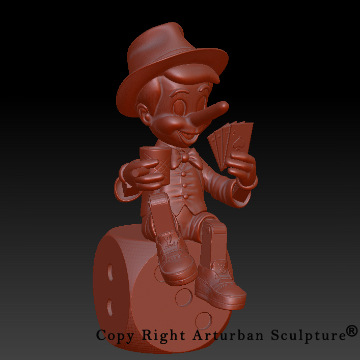 5 Bronze Pinocchio statue 3D model holding cards