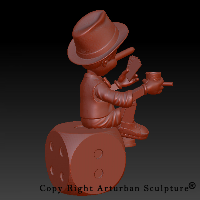 5 Pinocchio model seated on dice