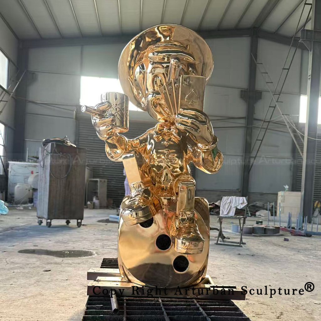 7 Front bronze Pinocchio statue holding playing cards
