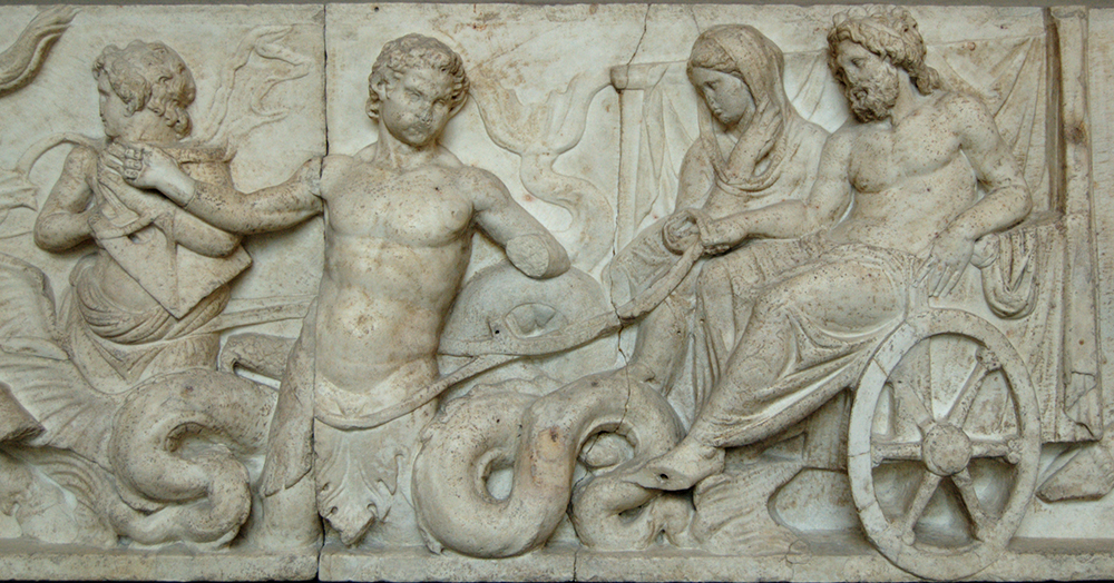 Amphitrite and Poseidon in marble sea relief