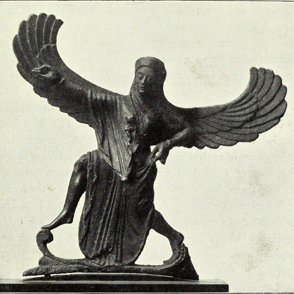 Ancient Greek bronze Nike with spread wings