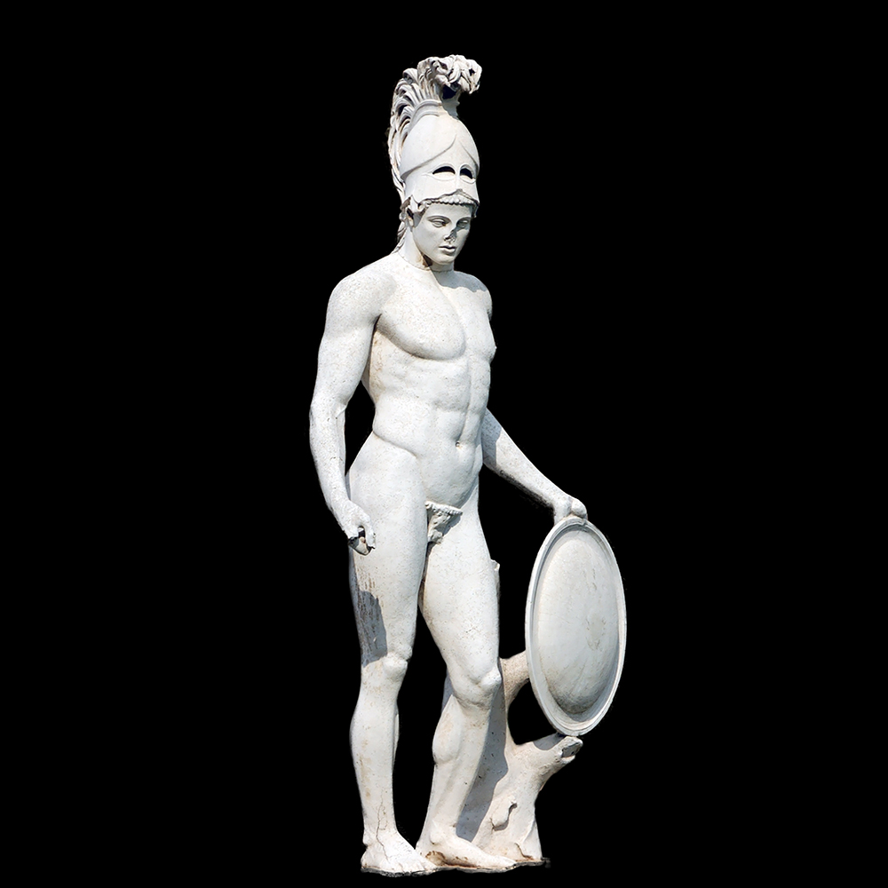 Ares statue with helmet and shield