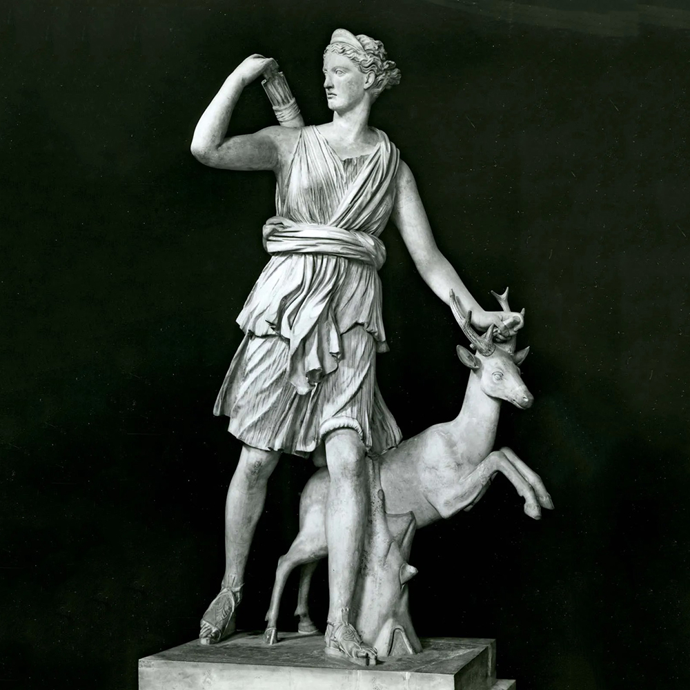 Artemis Huntress marble statue with deer