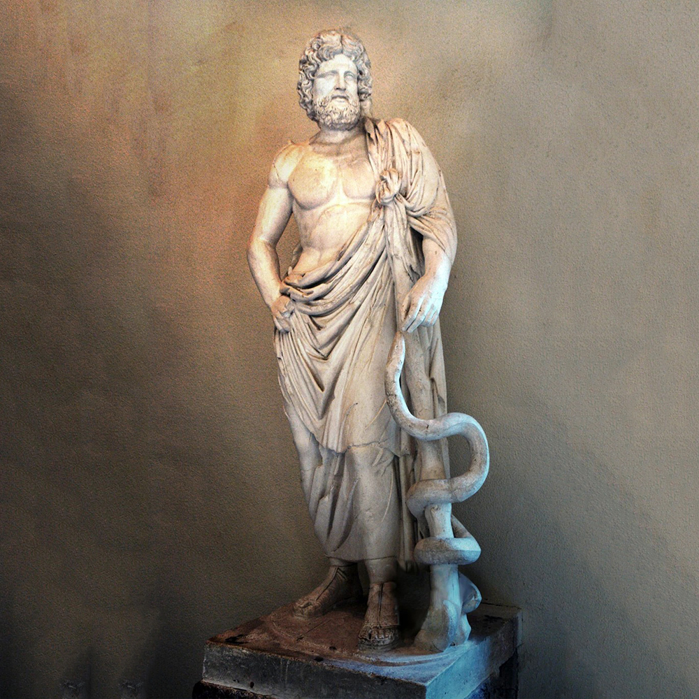 Asclepius statue with serpent-entwined staff