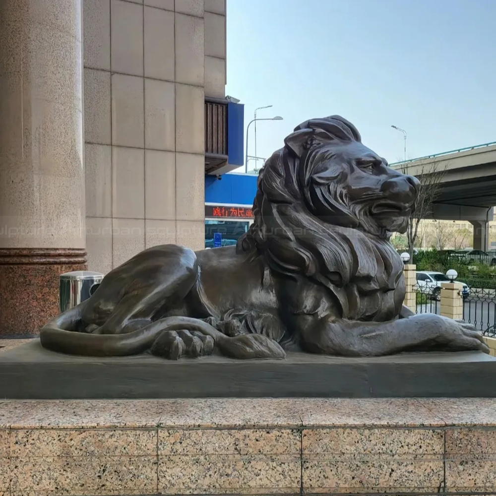 Bronze Lion Entry Statues side view outdoors