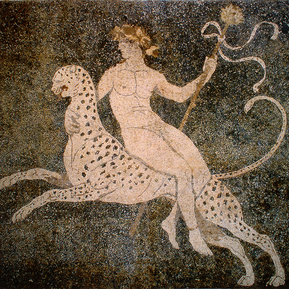 Dionysus riding leopard in ancient mosaic