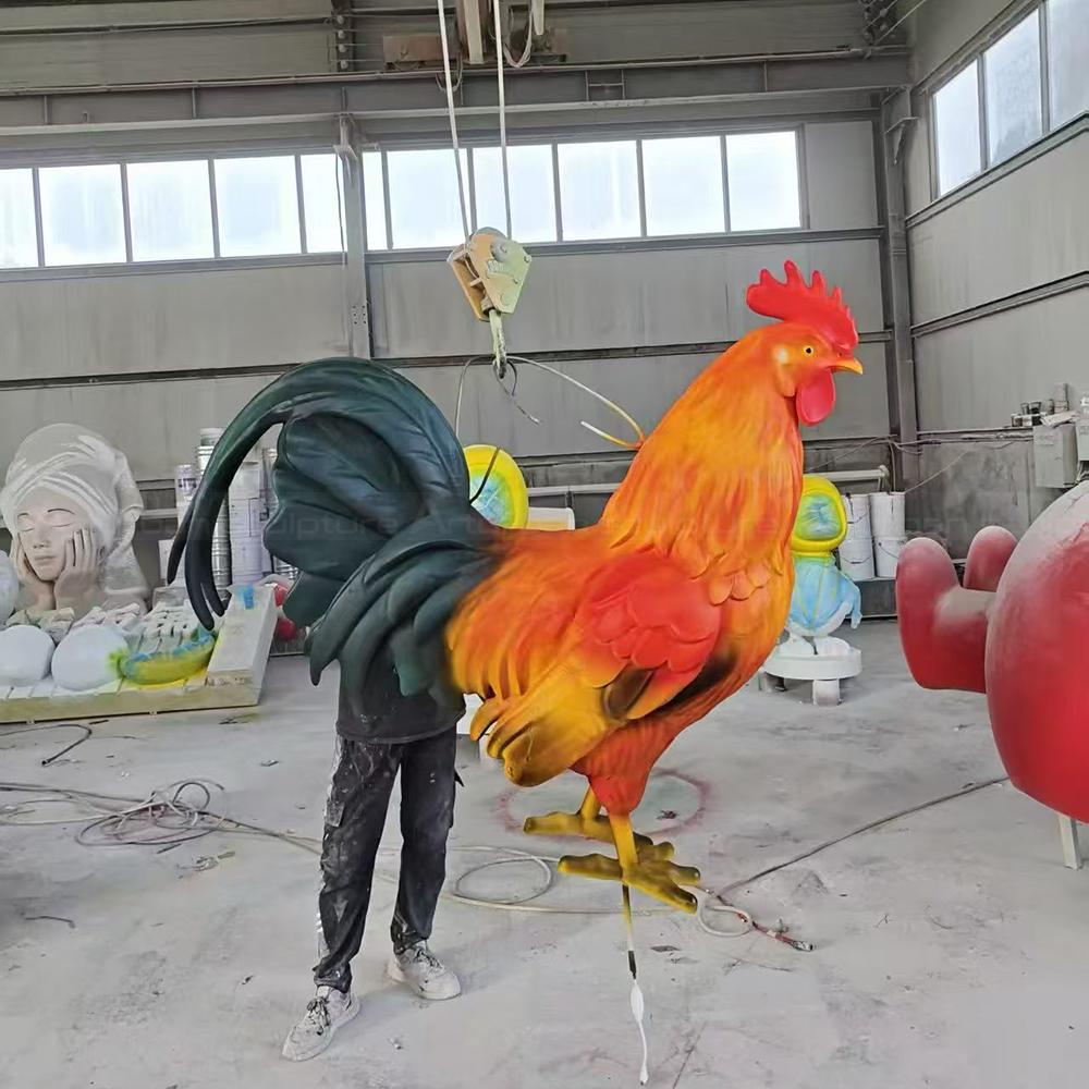 Fiberglass Red Rooster Statue with raised tail