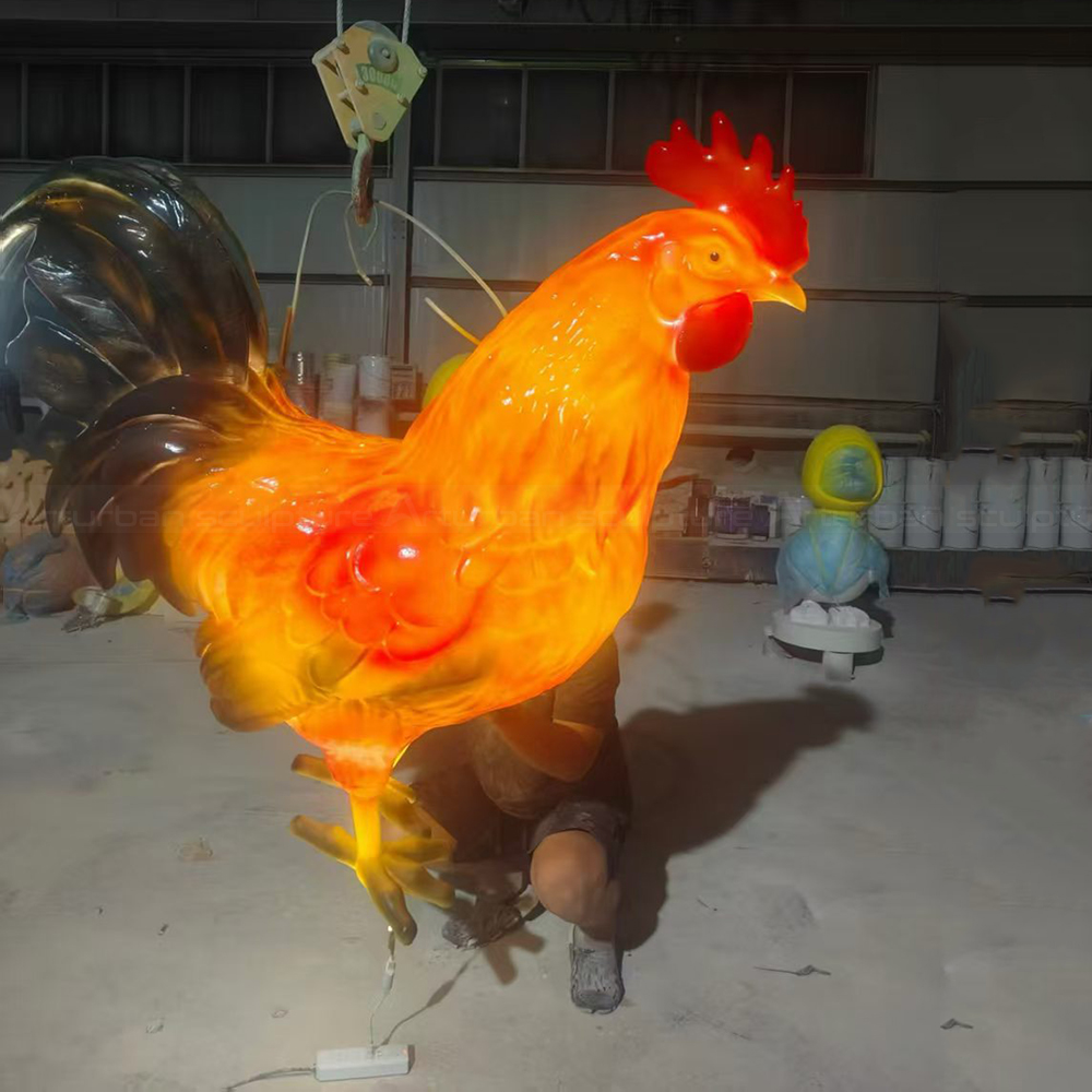 Glowing fiberglass Red Rooster Statue side view