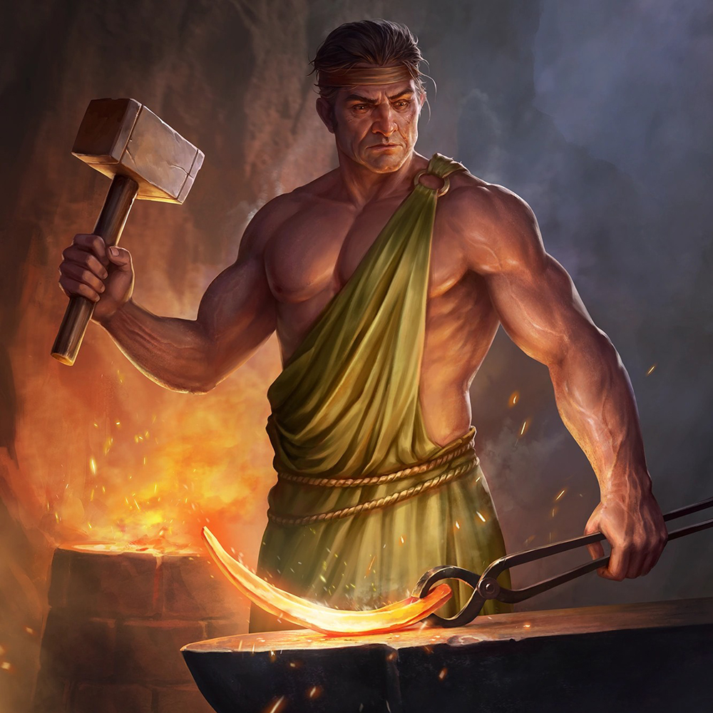 Hephaestus forging metal with hammer and tongs