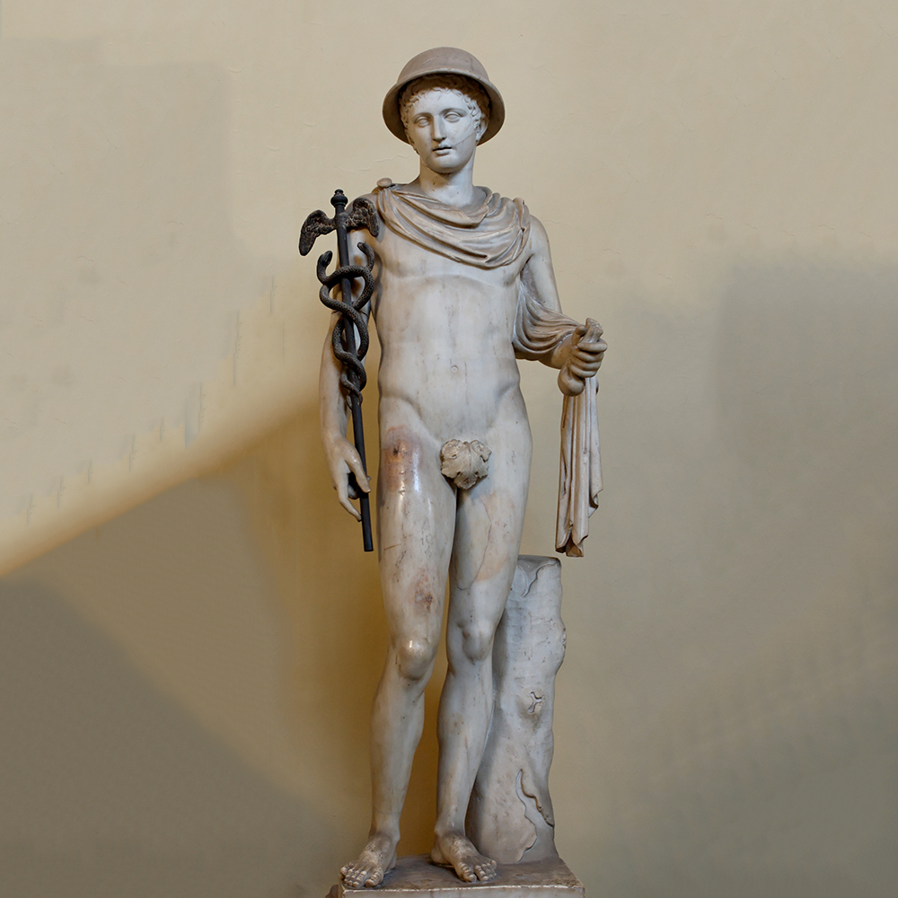Hermes statue holding caduceus in Vatican Museums