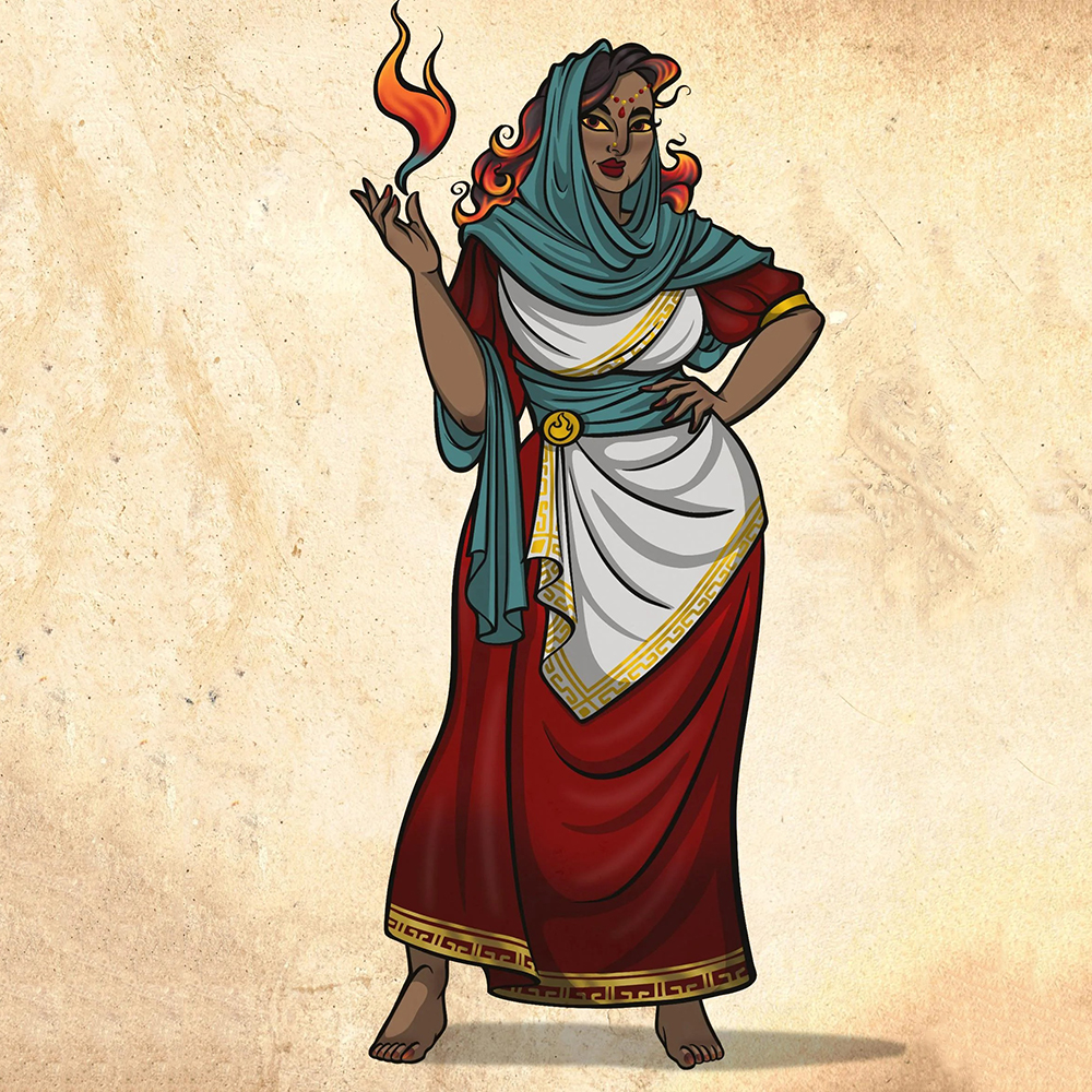 Hestia holding sacred flame in modern illustration