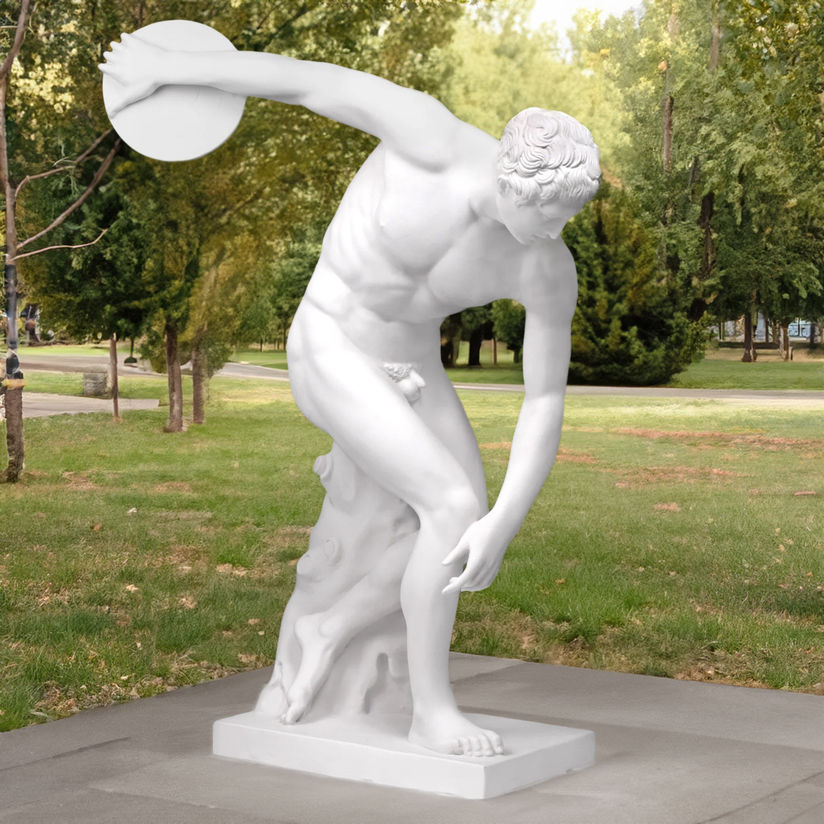 Marble Discobolus Statue in Garden Setting