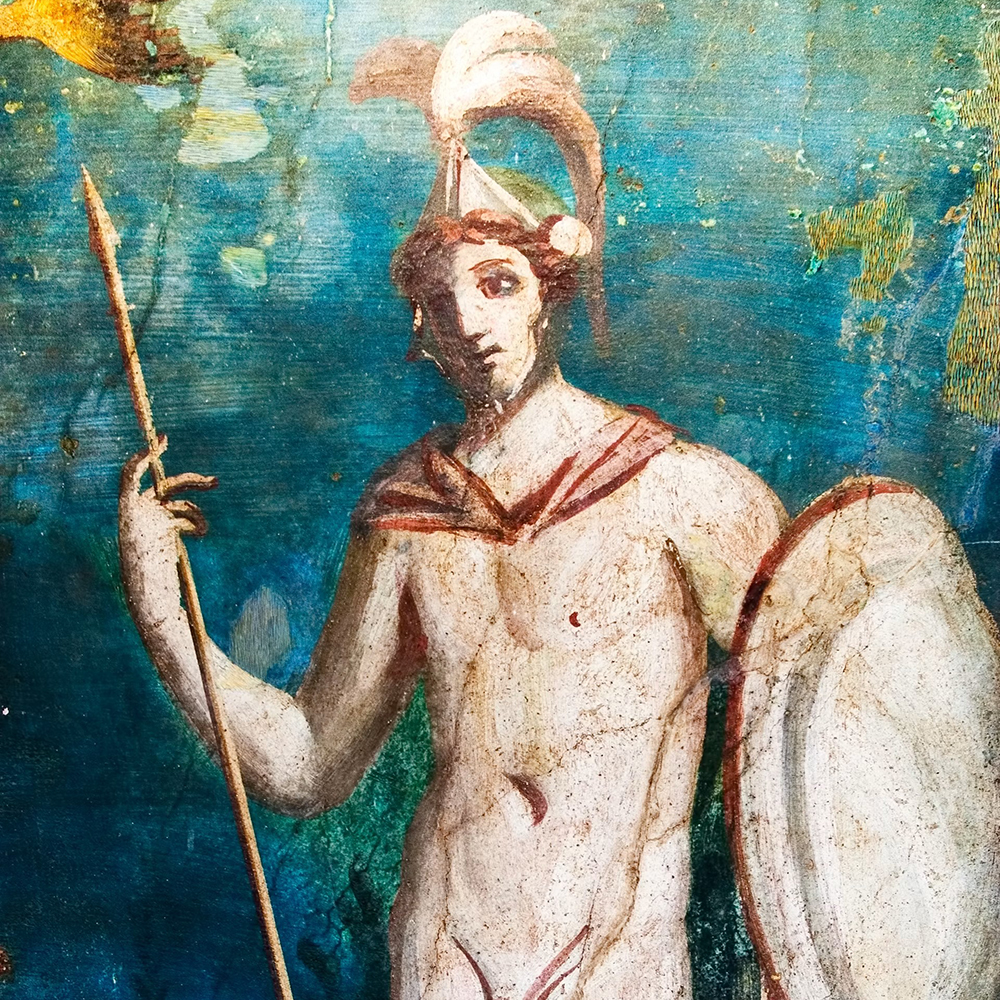 Mars with spear and shield in Pompeii fresco
