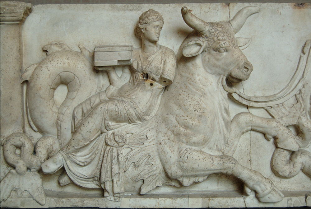 Nereid riding sea creature in marble relief
