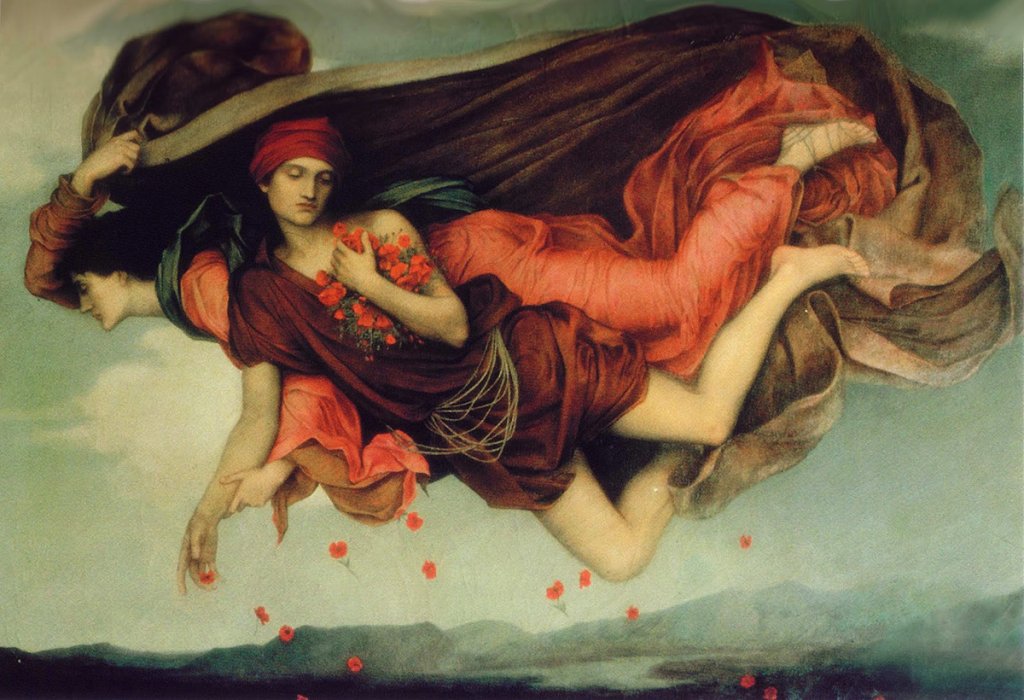 Night and Sleep flying across evening sky