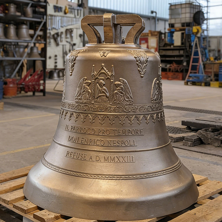 Ornate christian church bell with religious reliefs