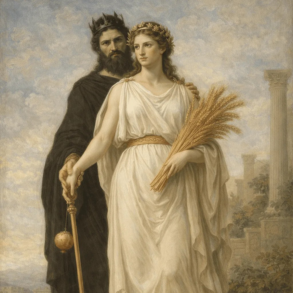 Persephone holding wheat beside Hades