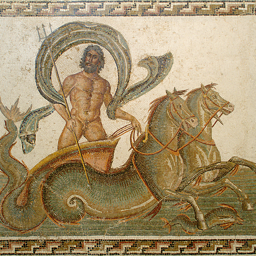Poseidon riding sea chariot in Roman mosaic
