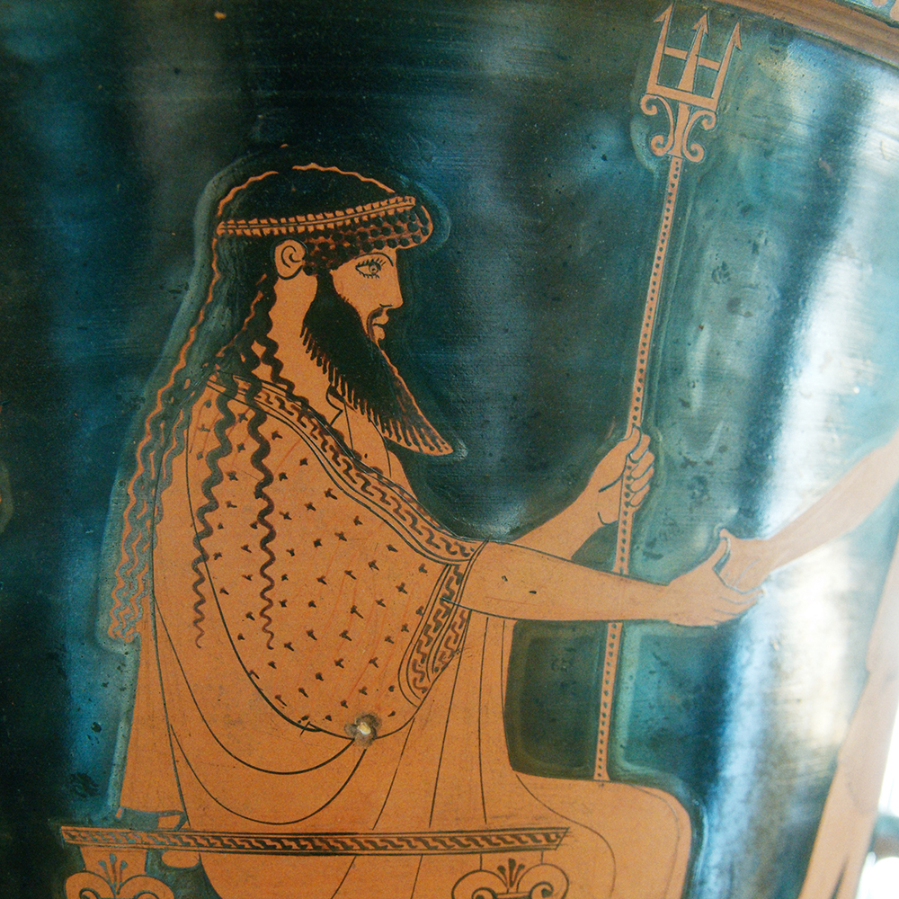 Poseidon seated with trident on Greek vase