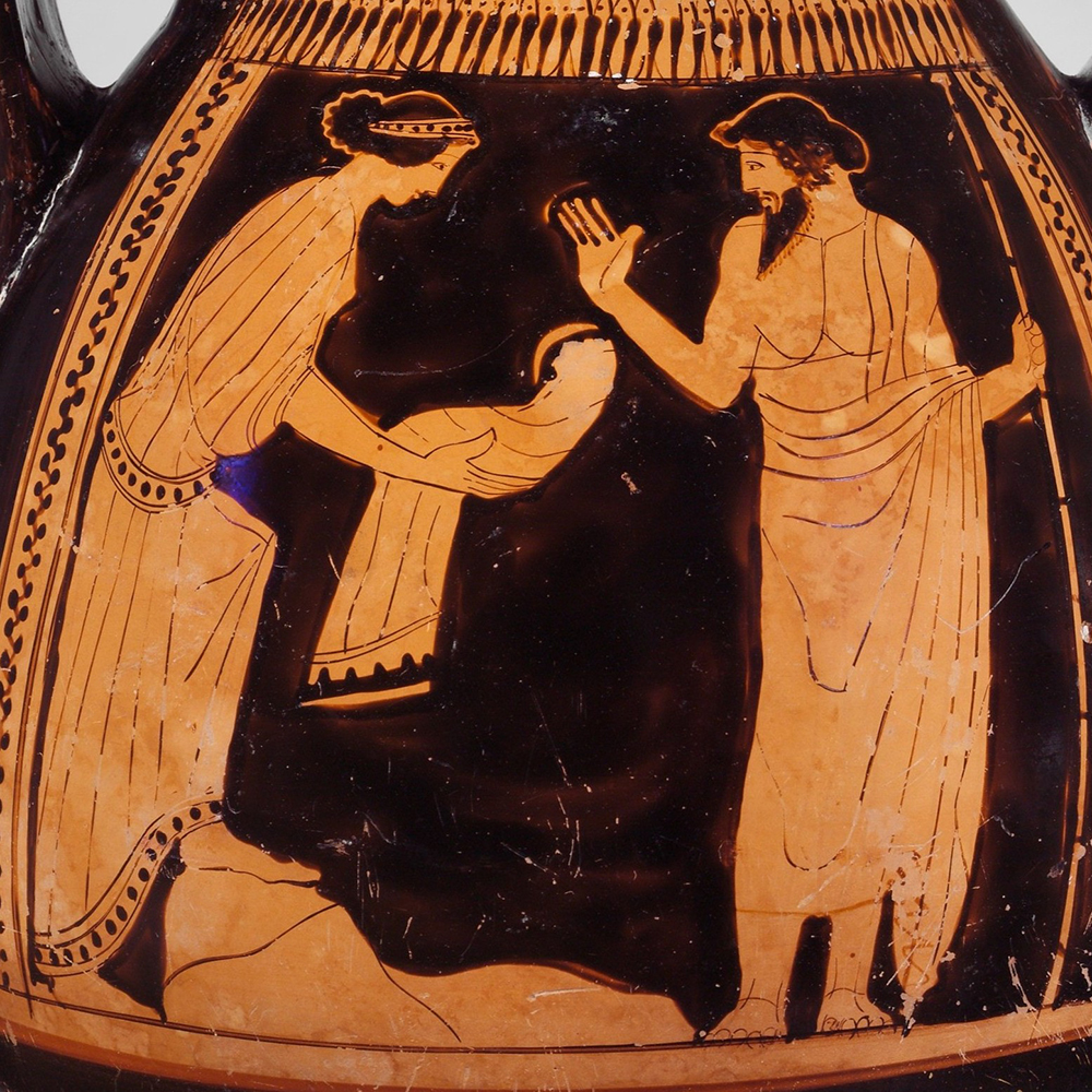 Rhea handing swaddled stone to Cronus