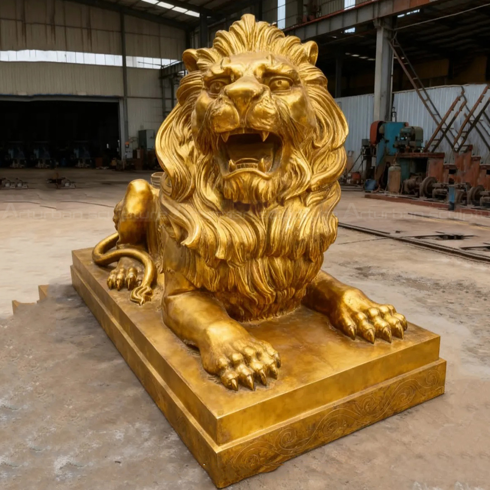 Roaring Bronze Lion Statues at End of Driveway