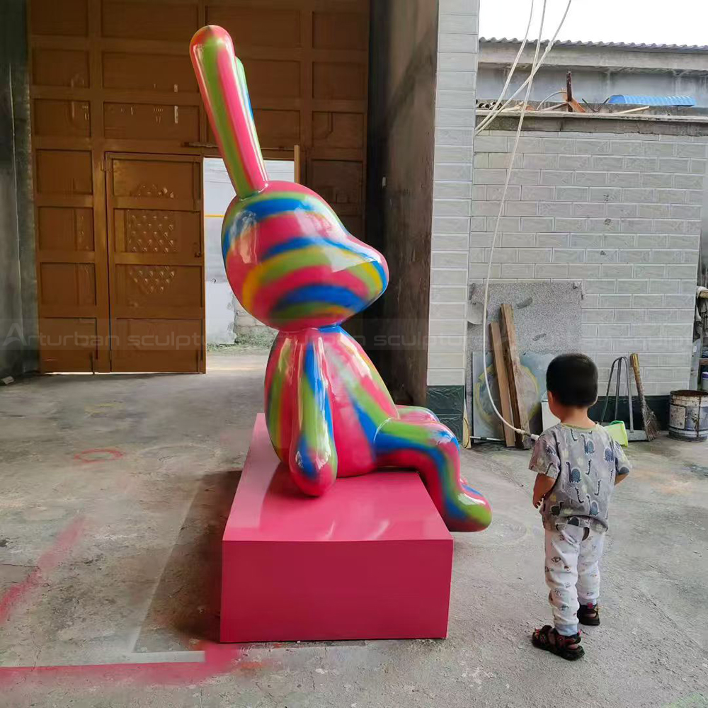 Side view fiberglass Colorful Rabbit Sculpture outdoors
