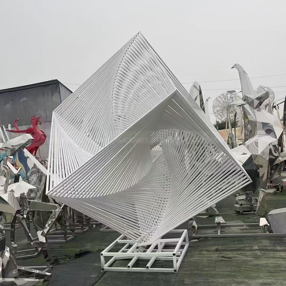 Stainless steel Metal Cube Sculpture in workshop