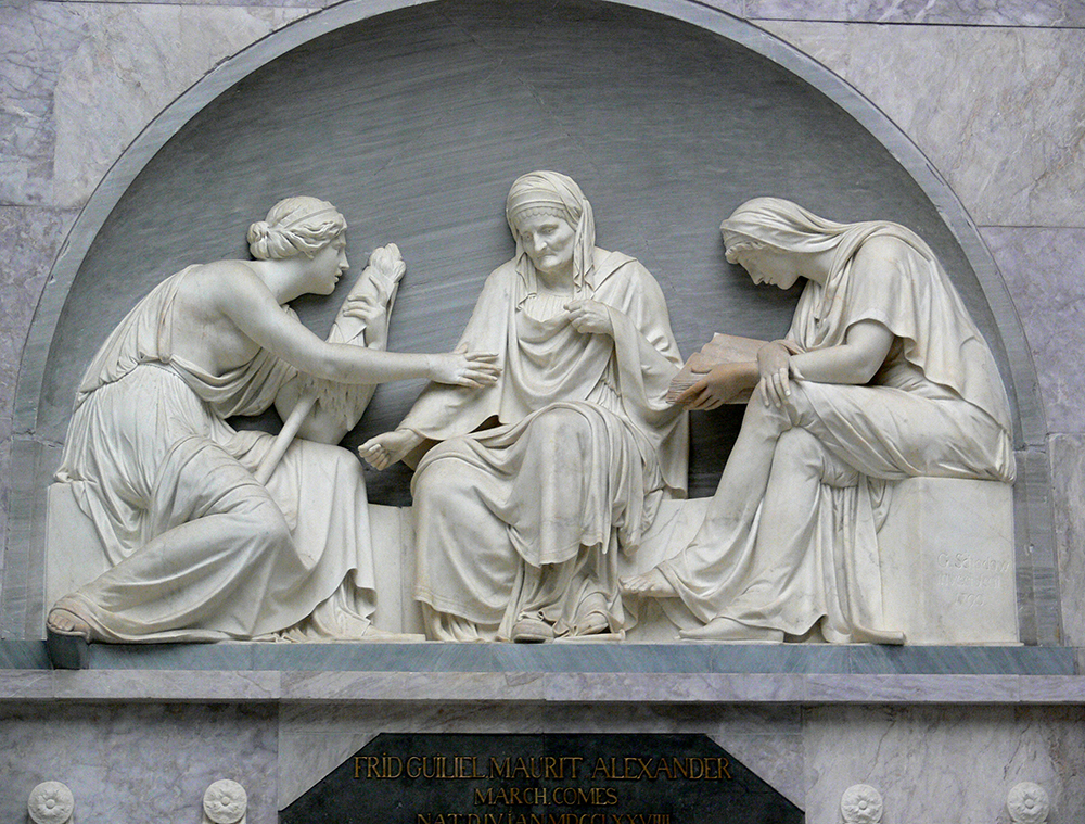 Three Fates carved in Schadow marble relief
