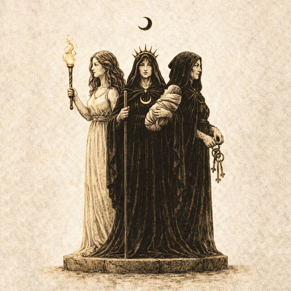 Triple Hecate holding torch and keys