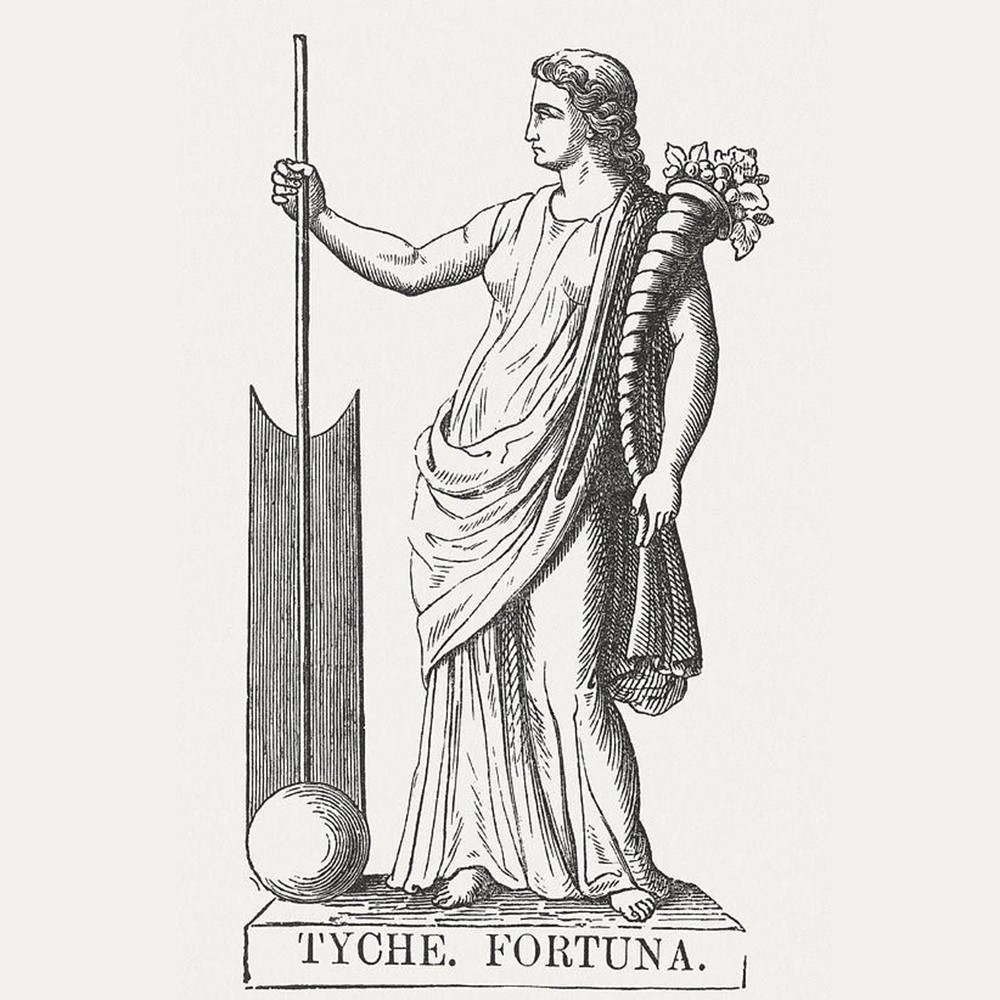 Tyche holding cornucopia in classical engraving