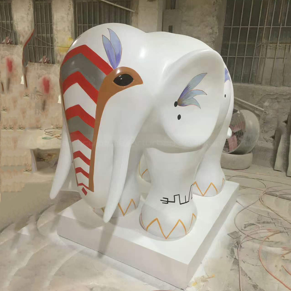 White fiberglass Colourful Elephant Statue with decorations