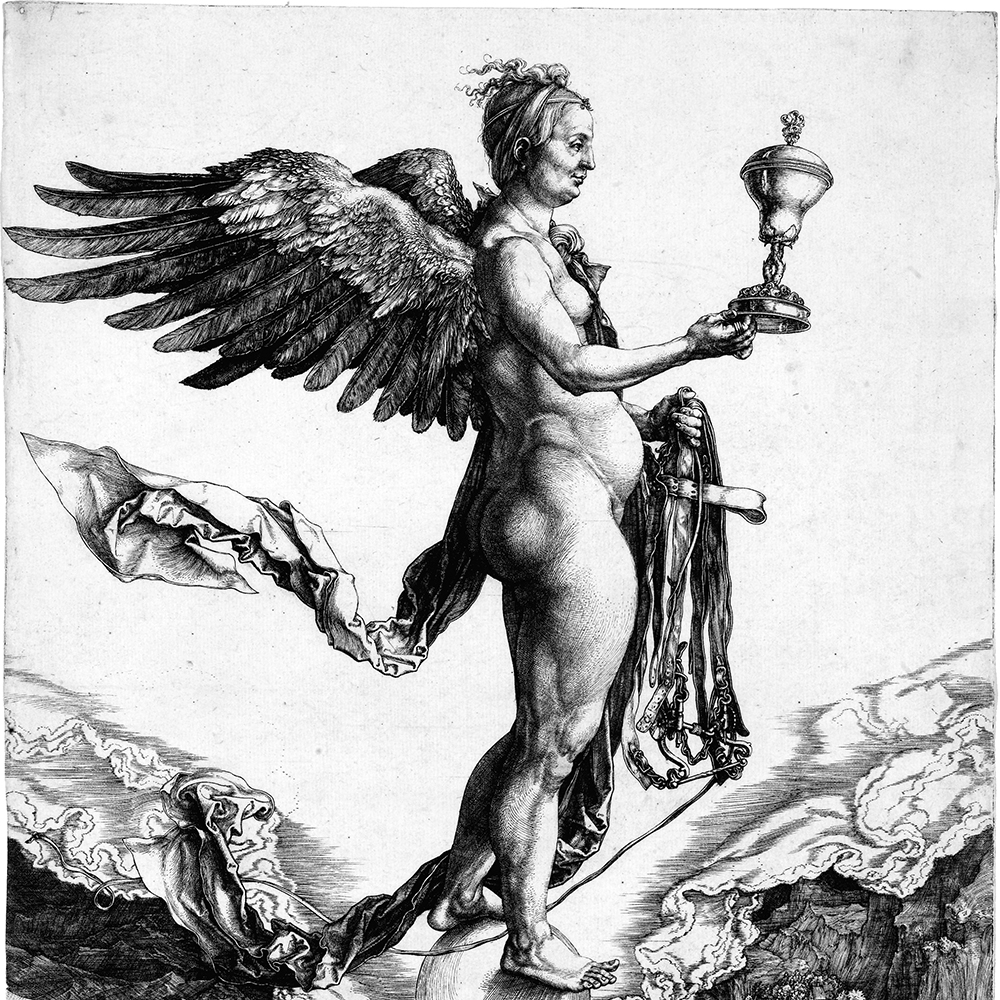 Winged Nemesis in Albrecht Dürer engraving