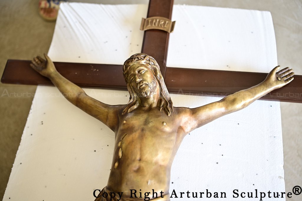 3 Bronze jesus on the cross sculpture closeup