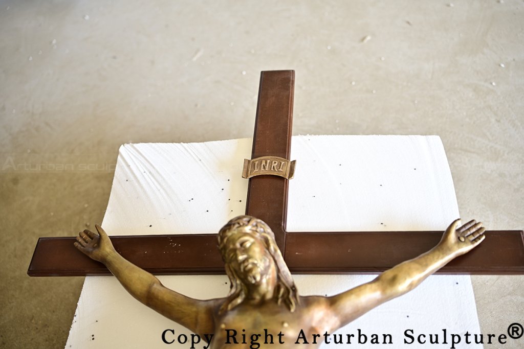 Bronze crucifix with INRI plaque sculpture