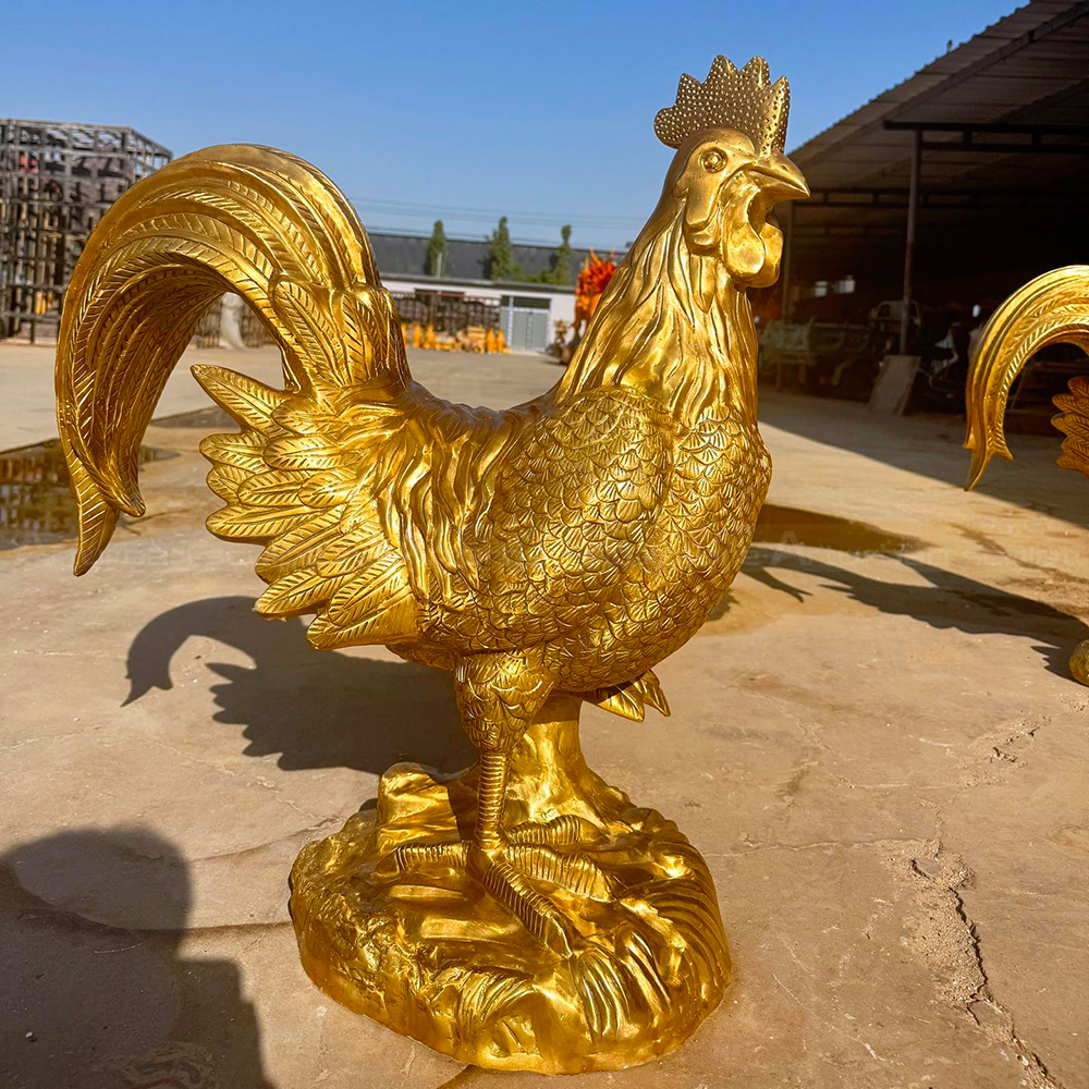 Brass Rooster Statue showing layered feather details