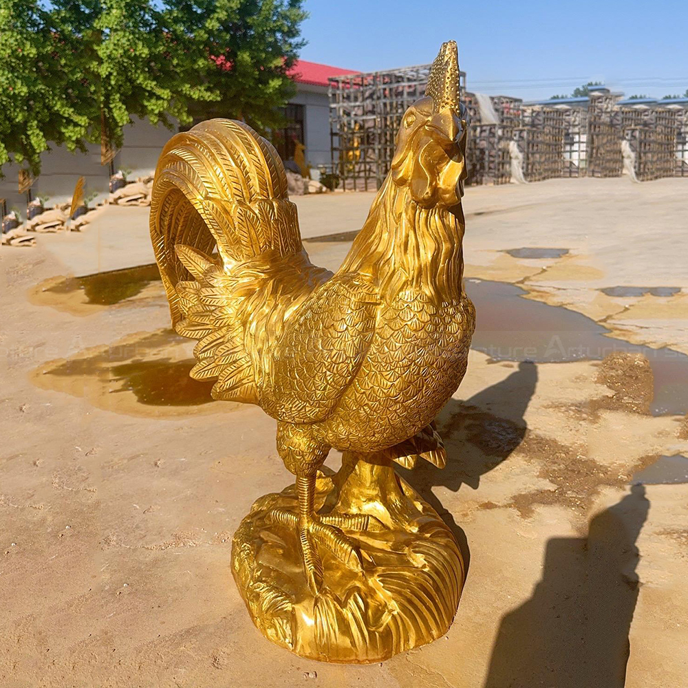 Brass Rooster Statue with detailed golden feathers