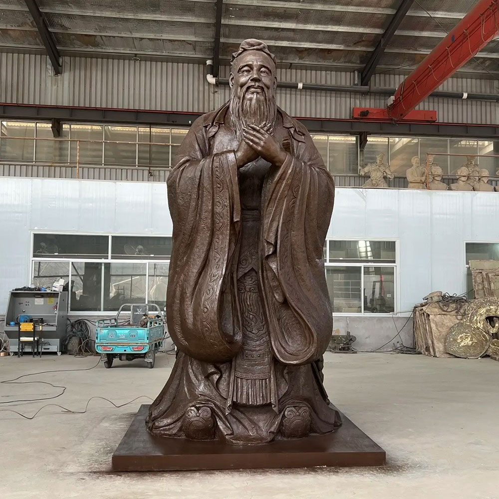 Bronze Confucius Garden Statue standing in workshop