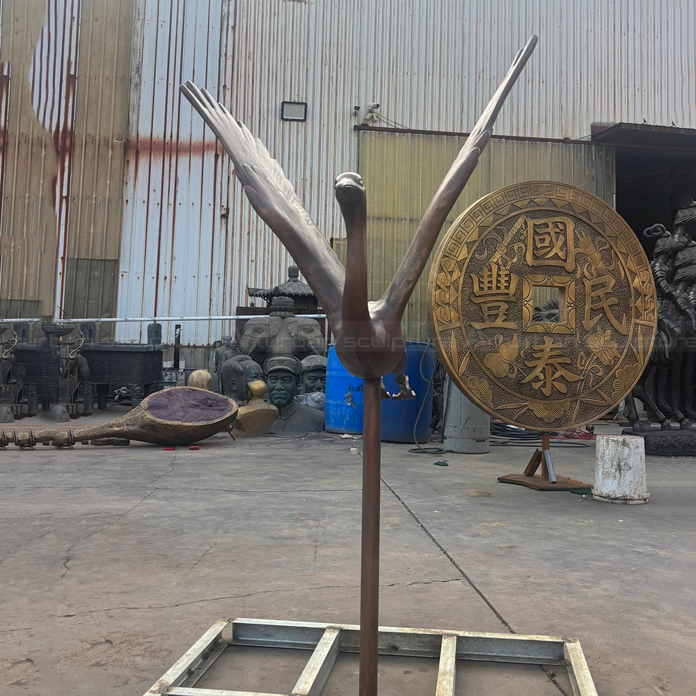 Bronze Crane Yard Statue front wing view