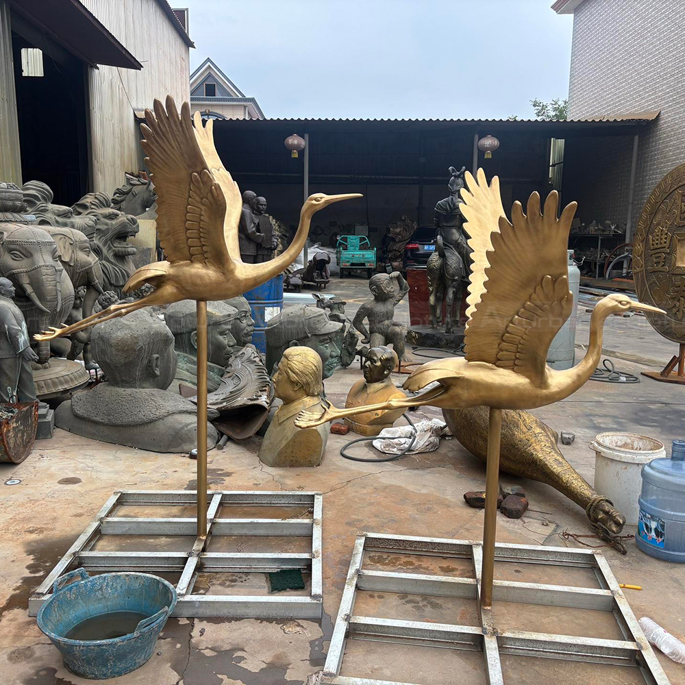 Bronze Crane Yard Statue pair in flight