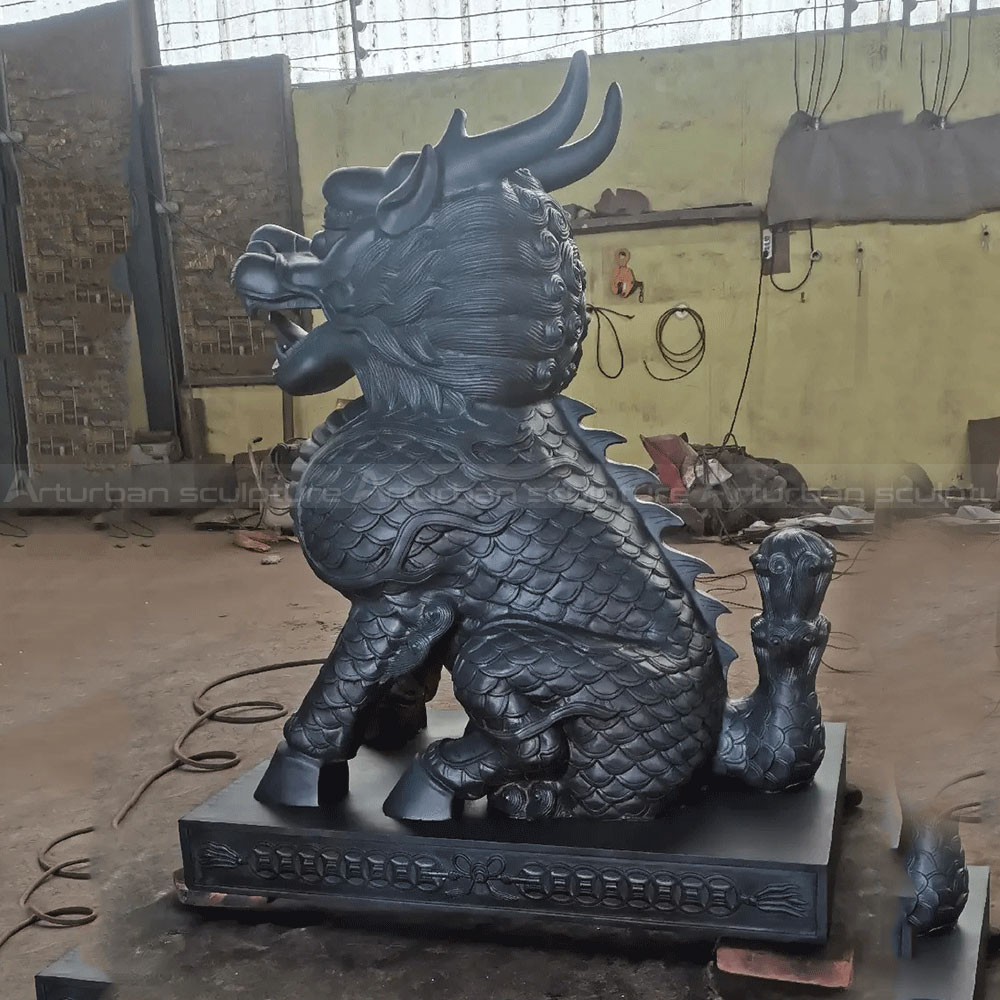 Bronze Kirin Sculpture side view with raised horns