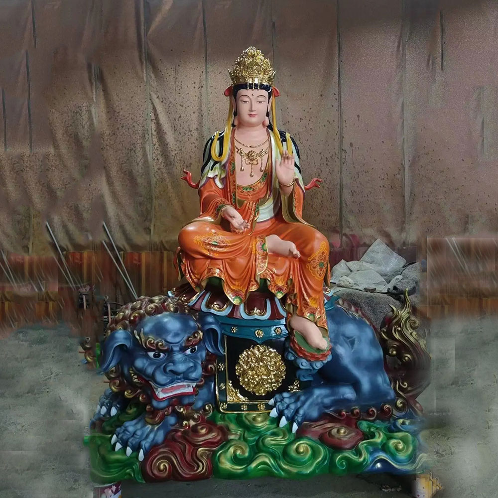 Bronze Manjushri Buddha Statue riding blue lion