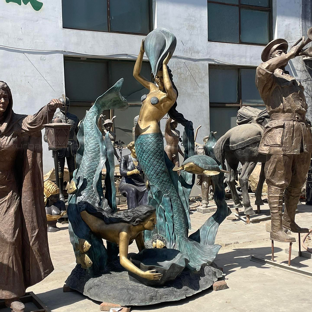 Bronze Mermaid Outdoor Fountain with sculpted marine life