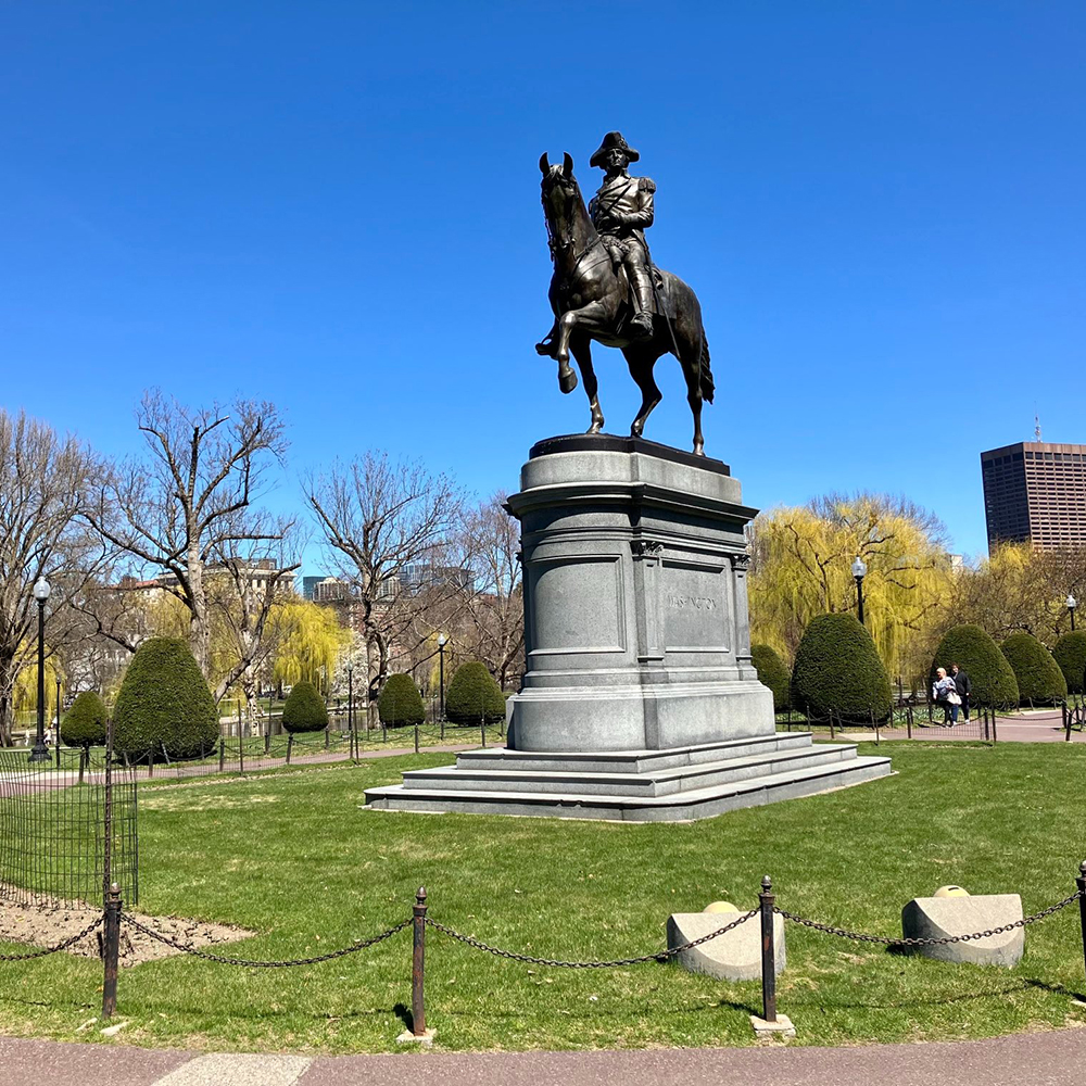 Bronze Washington equestrian sculpture in landscaped garden